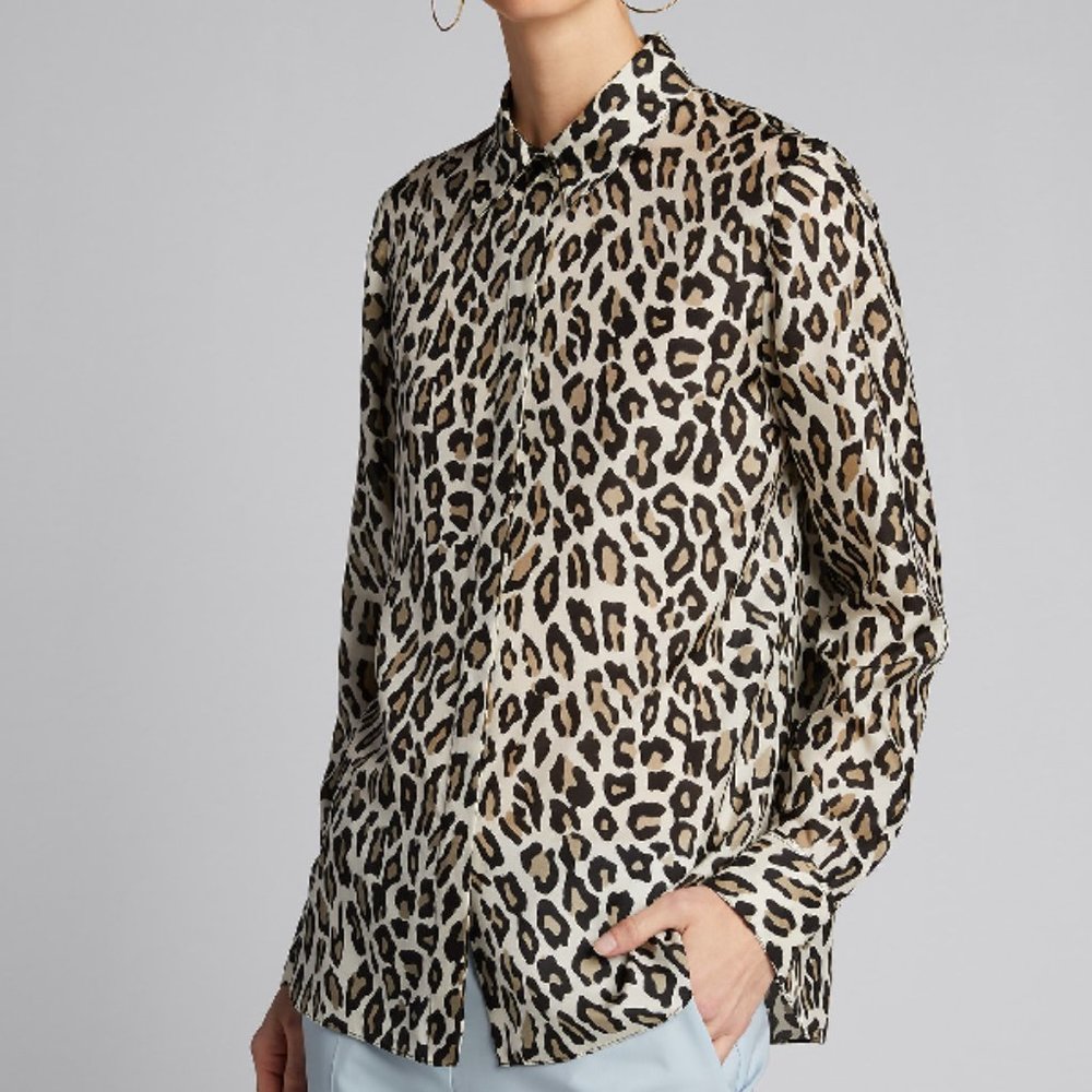 Theory Classic Straight Leopard Print Silk Shirt